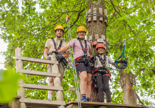 Drei Kinder mit Helm klettern gesichert in einem Kletterelement